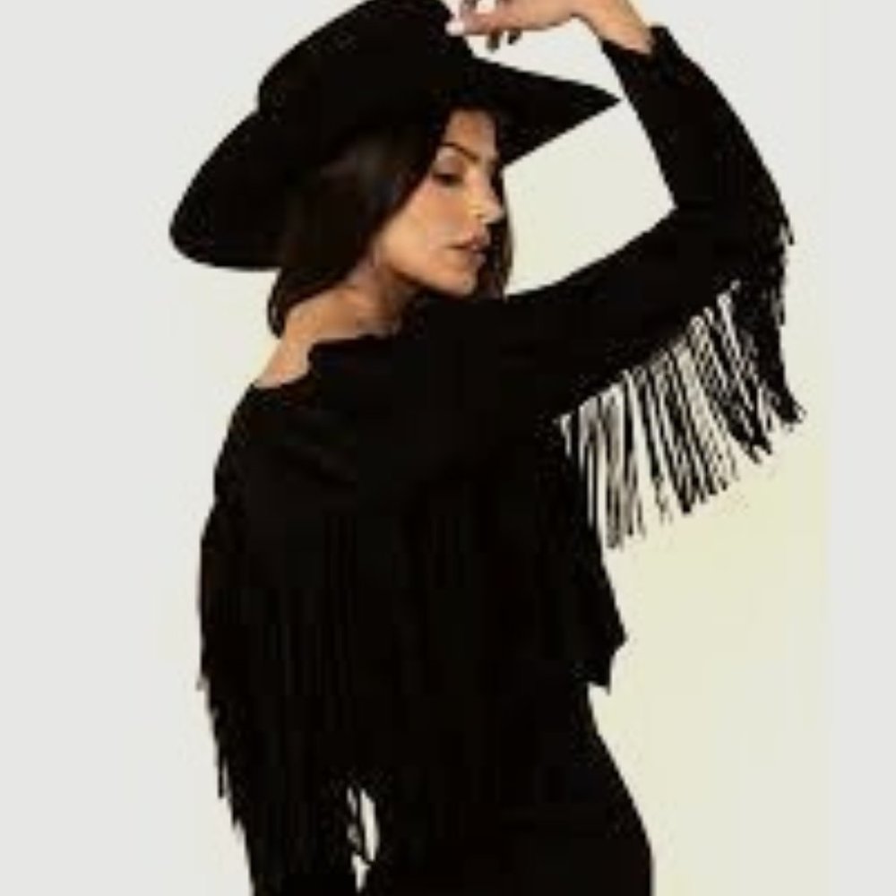 Vocal Faux Suede Black Fringe Jacket